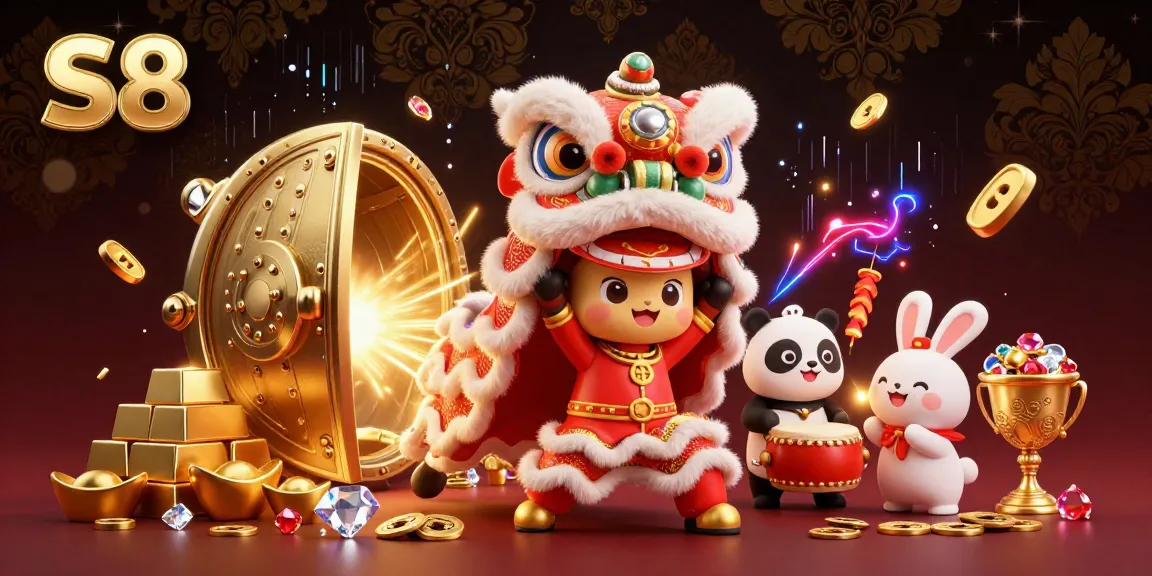 Engage in the excitement of S8 casino games with a vibrant scene featuring colorful characters and treasure elements.