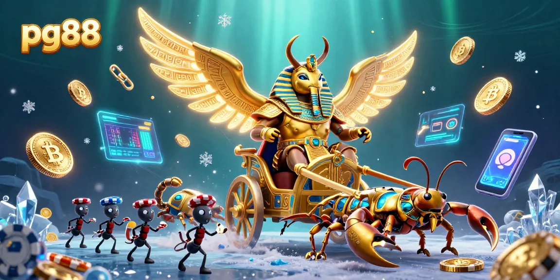 Experience thrilling gambling with pg88, featuring a stunning 3D depiction of a golden scarab and scorpion chariot.