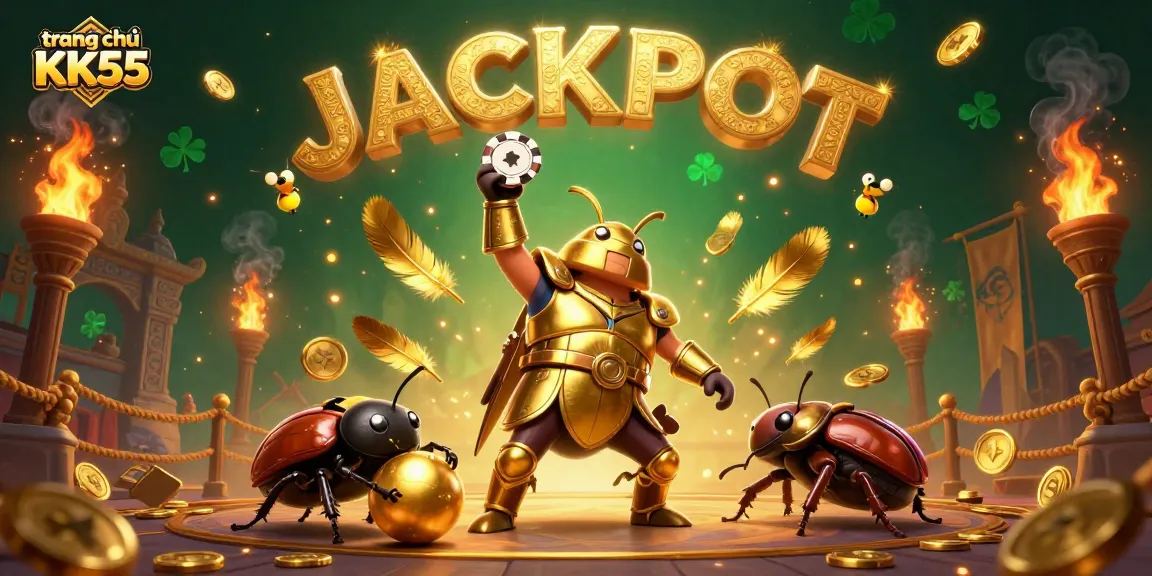 Experience thrilling wins at trang chủ KK55 with a bright cartoon scene featuring a heroic beetle lifting a poker chip.