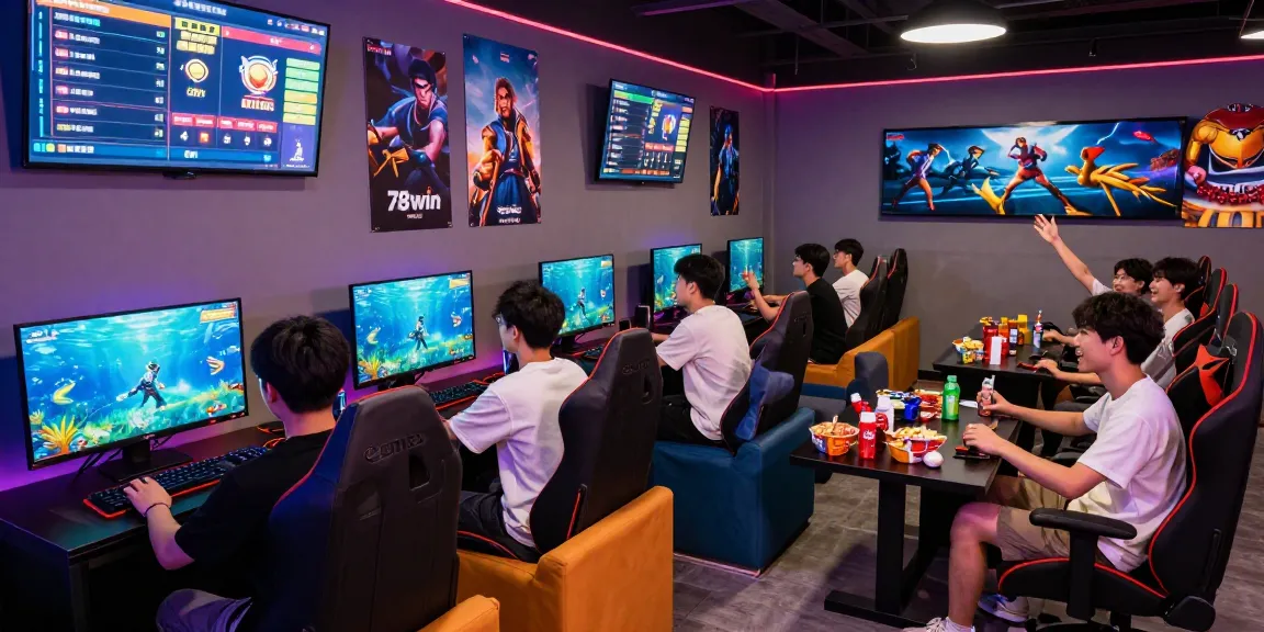 Engaged group of gamers enjoying thrilling experiences at 78win.com gaming lounge, highlighting excitement and rewards.