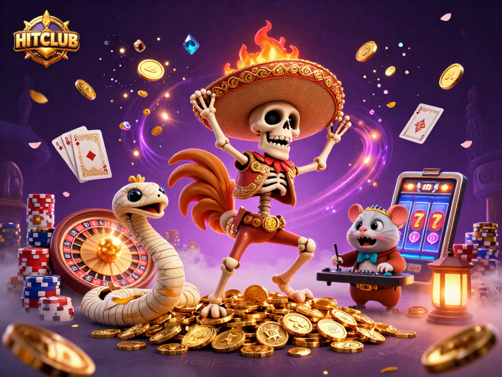 Experience the excitement of HITCLUB with a vibrant dance scene of colorful characters amidst golden casino elements.