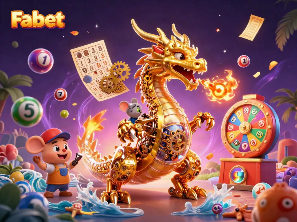 Experience thrilling gaming at Fabet with a golden dragon and vibrant lottery elements.