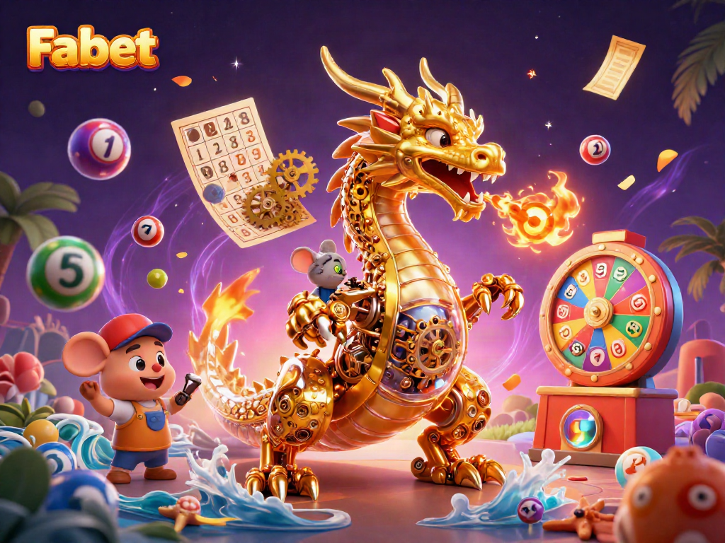 Experience thrilling gaming at Fabet with a golden dragon and vibrant lottery elements.