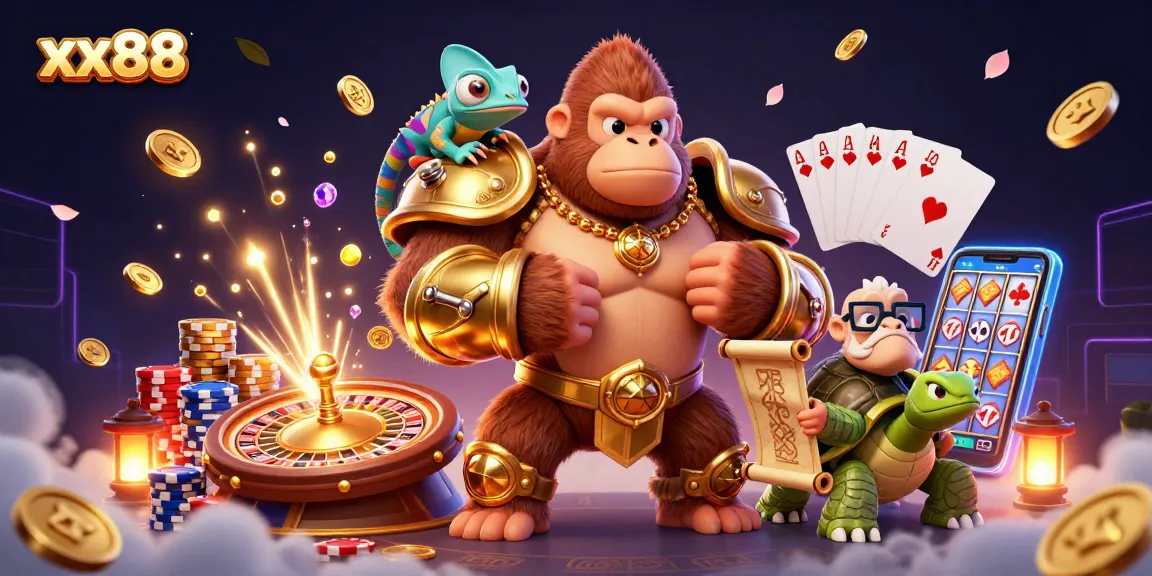 xx88's vibrant 3D casino scene showcases a gorilla king and colorful game elements