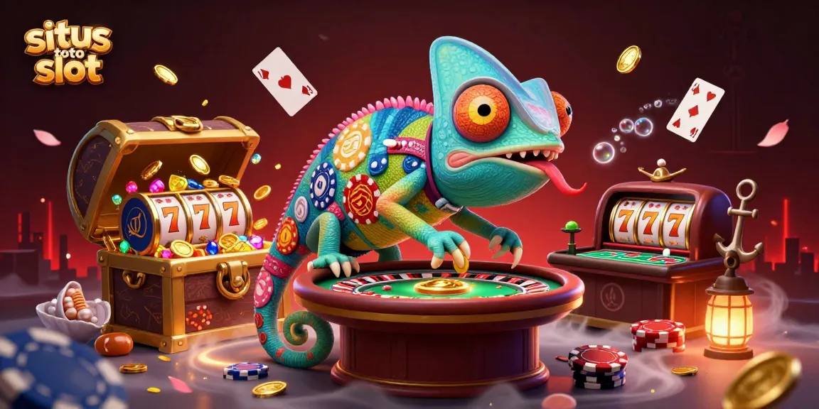 Engage with situs toto slot as the chameleon captures golden coins in a vibrant casino scene.