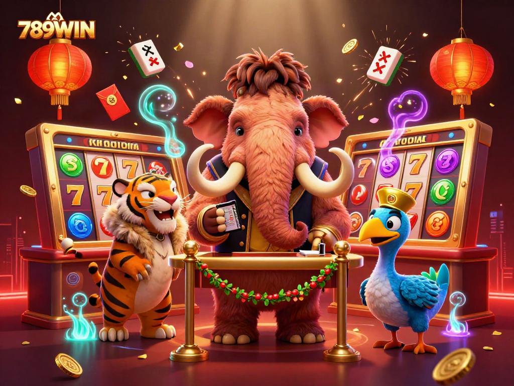 Experience the excitement of 789WIN with a vibrant casino scene featuring a woolly mammoth bouncer and slot reels.