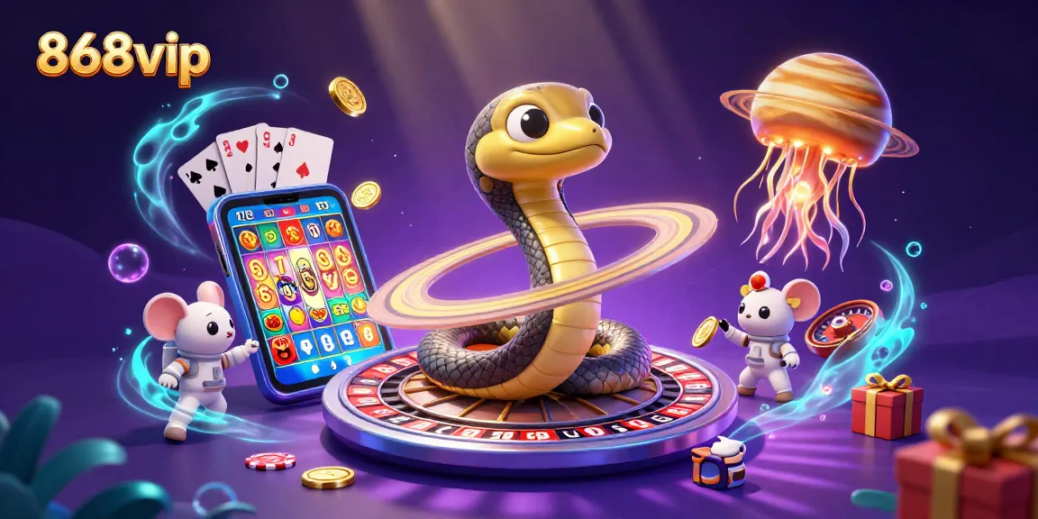 Betting action at 868vip casino illustrated with a cosmic theme featuring a Saturn ring snake and golden jellyfish.