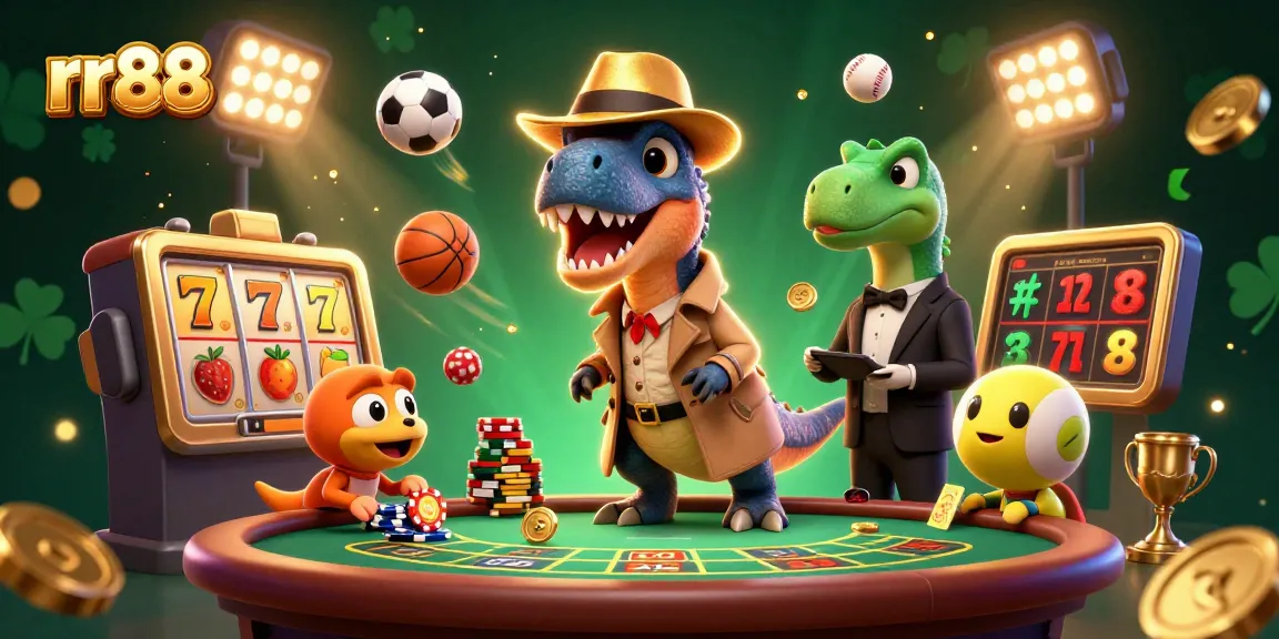rr88 showcases a velociraptor counting cards at blackjack, surrounded by vibrant casino elements and action.