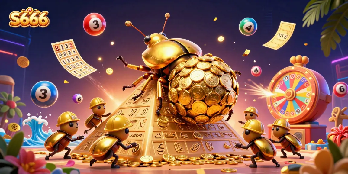 Experience the thrill of S666 with dynamic elements like lottery balls and casino icons in a vibrant, engaging illustration.