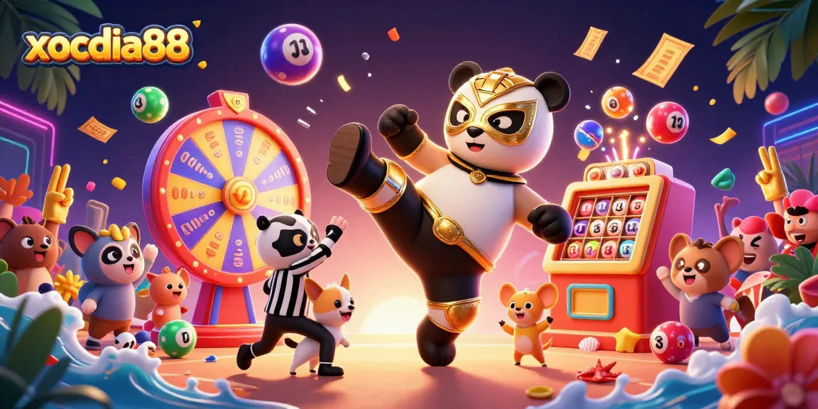 xocdia88 captures a thrilling casino scene with a panda wrestler, a counting chihuahua referee, and lively animal spectators.