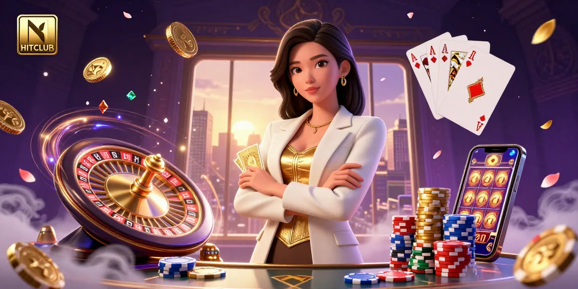 Experience the thrill of HITCLUB with a glamorous illustration of a powerful businesswoman holding cards amidst a vibrant casino scene.