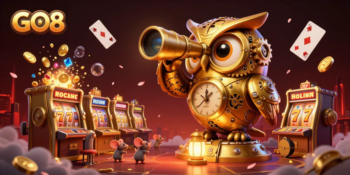 Engage with GO8’s vibrant gaming scene featuring an owl overseeing enchanting casino elements and thrilling jackpots.