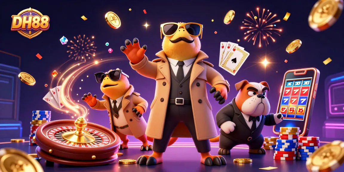 Raptors pretending as a person entering a VIP lounge at DH88 casino amidst golden coins and roulette wheel.