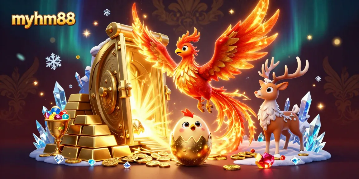 Experience the thrill of myhm88 with dynamic characters amidst golden treasures and vibrant casino elements.