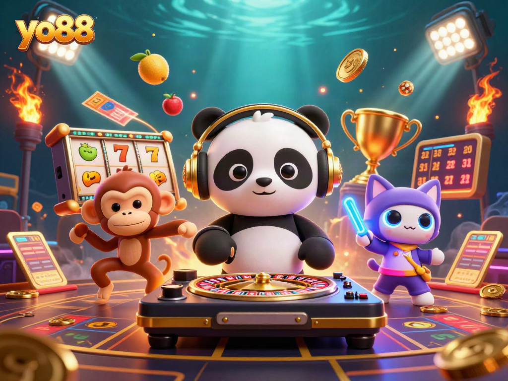 Engage with yo88 casino thrills in this vibrant 3D illustration showcasing dynamic slot gameplay.