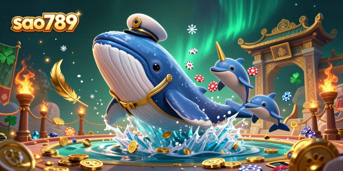 Sao789 players enjoying vibrant 3D illustrations with whales, narwhals, and poker chips amid gold coins.