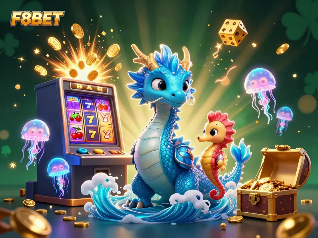 Engage with the exhilarating F8BET casino experience featuring vibrant 3D character illustrations amidst jackpot elements.