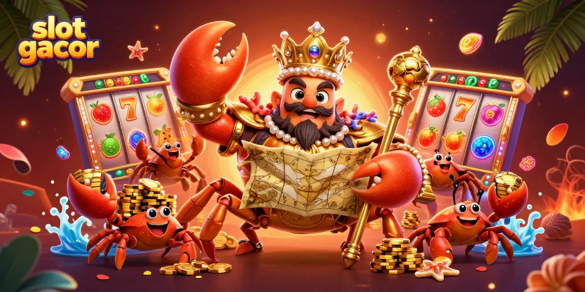 Experience slot gacor with a playful golden crab emperor in a vibrant casino scene.