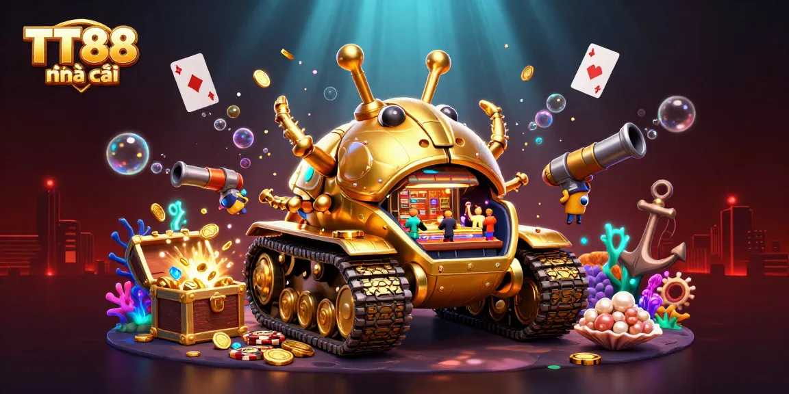 Experience excitement at TT88 nhà cái with a vibrant casino scene inside a golden beetle tank.