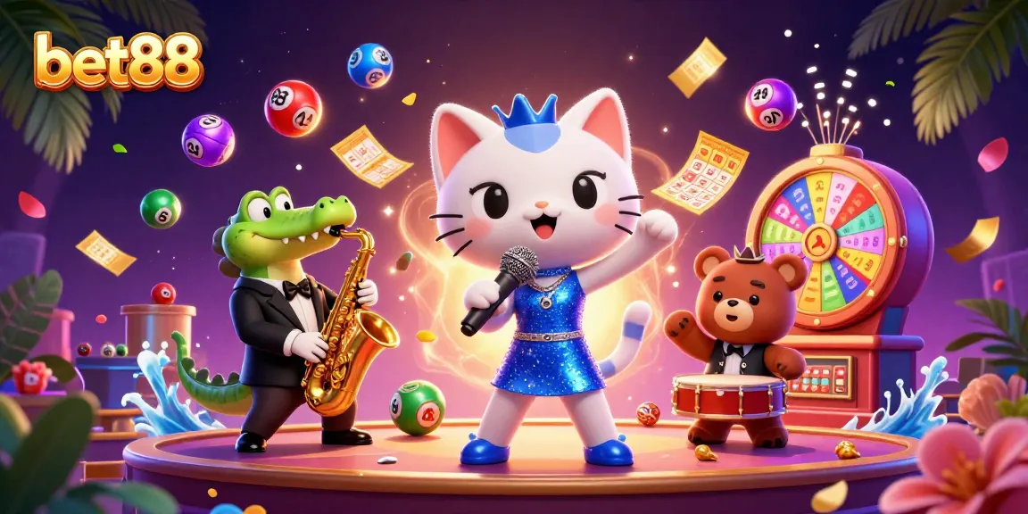 Win big with bet88 in this vibrant casino scene featuring lively characters and dynamic gaming elements.