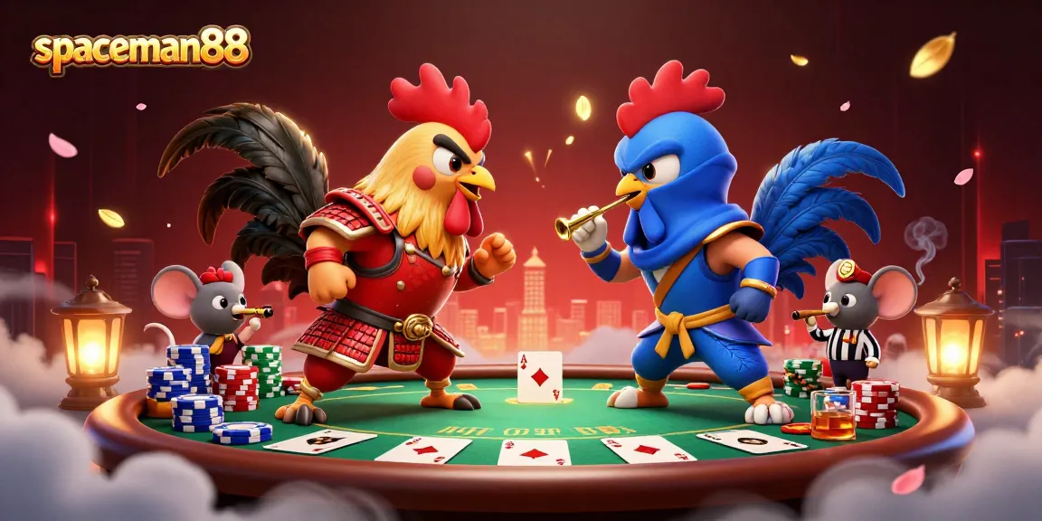 spaceman88 features twin 3D cartoon fighting roosters amidst vibrant poker elements in an engaging scene