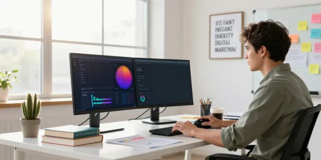 Digital marketing workspace illustrating instant indexing strategies with analytics tools, branding materials, and coffee.