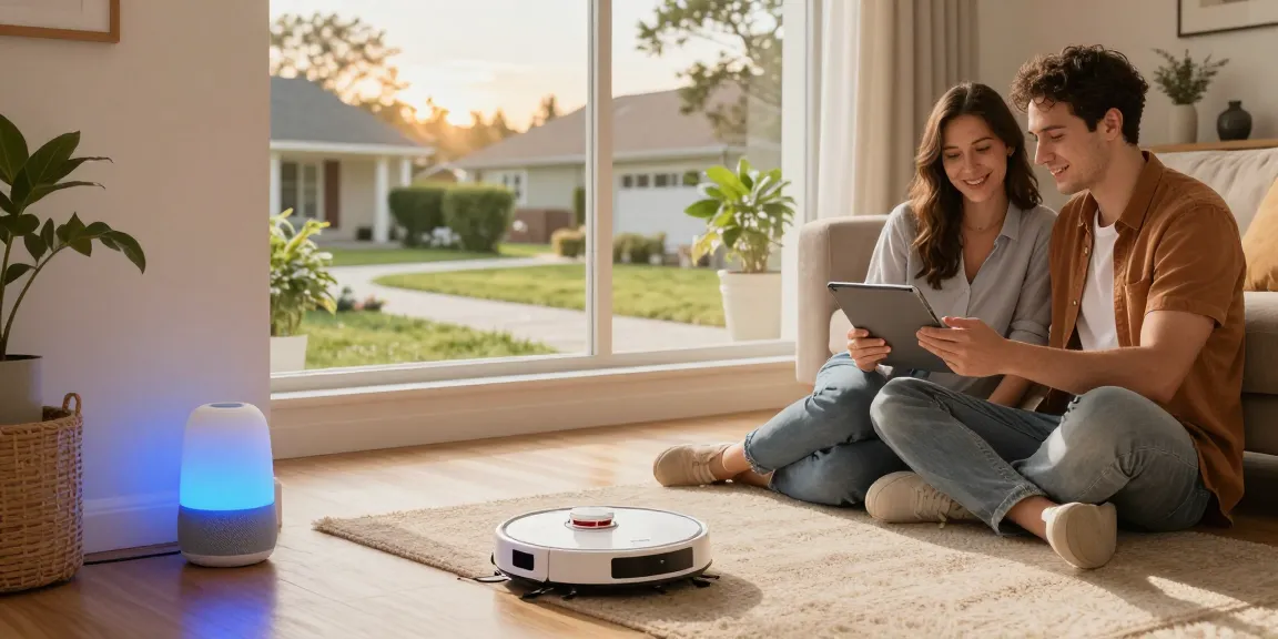 Couple relaxing in a cozy living room with smart home gadgets like an Amazon Echo and smart lighting, showcasing integrated technology in daily life.