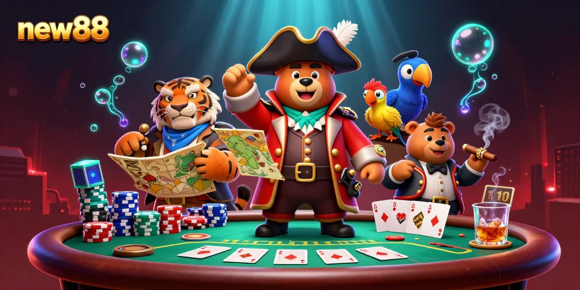 Engage with thrilling adventures in new88's vibrant casino scene featuring poker and exciting symbols.