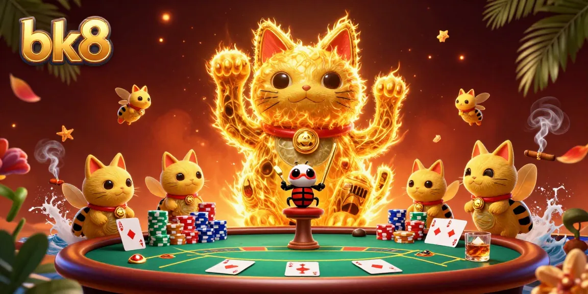 Engage with bk8 gaming through lively visuals of a lucky cat and poker elements.