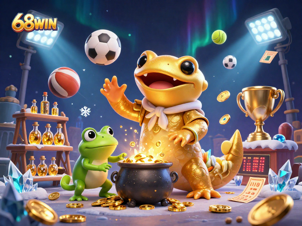 Engage with 68WIN as a golden salamander alchemist creates wealth in a magical casino world.