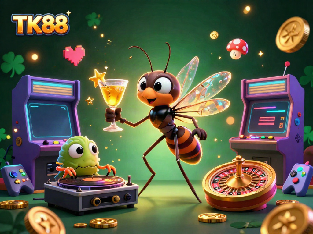 Experience the vibrant casino world with TK88, featuring a golden cocktail mascot amidst neon gaming elements.