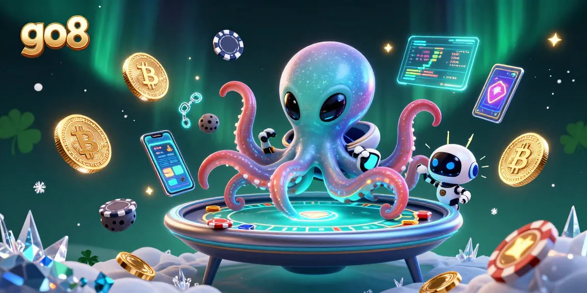 Engage with go8's thrilling casino experience featuring a vibrant scene with colorful characters.