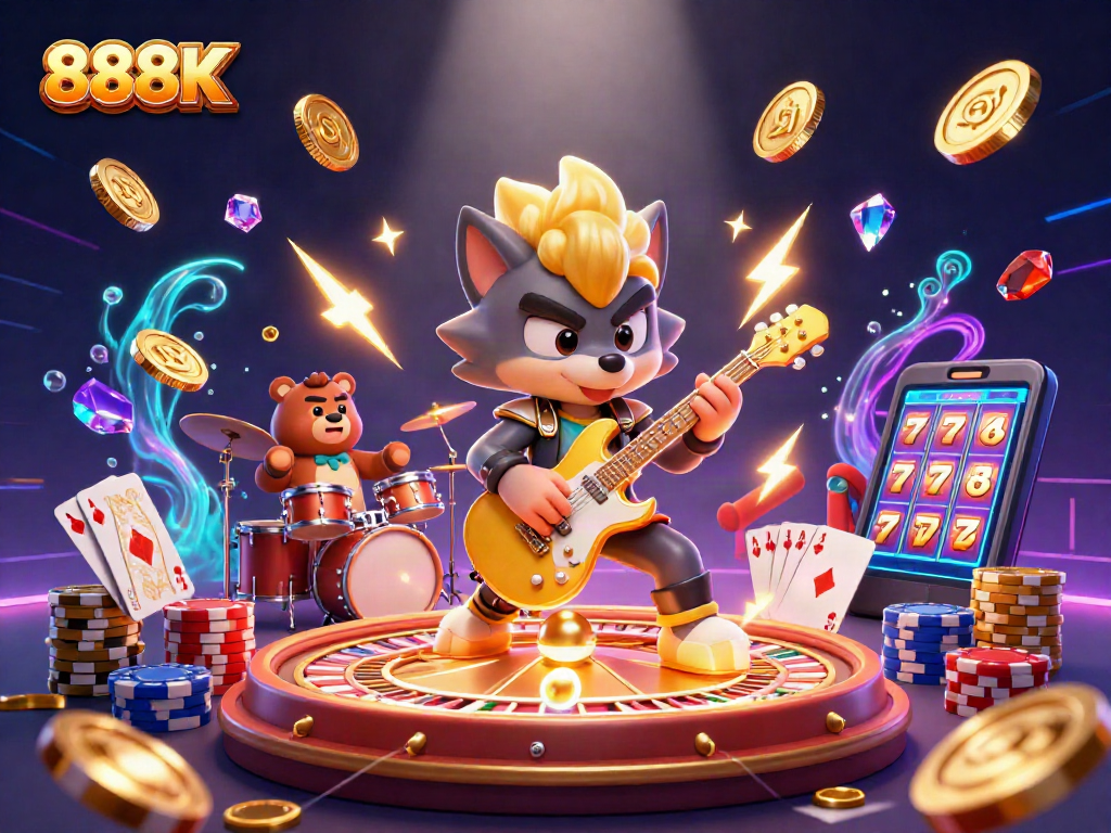 Engage with 888K's thrilling casino experience featuring vibrant characters and playful gaming elements.