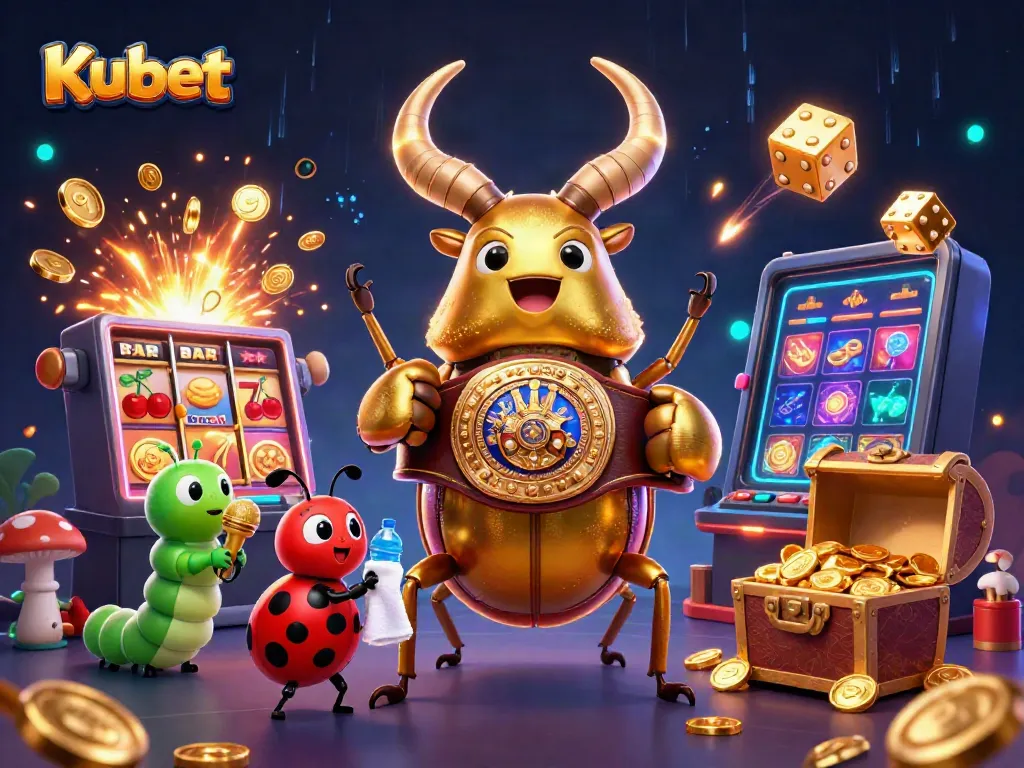Depicting Kubet's lively casino atmosphere with a dynamic showdown between characters amidst various slot machine elements.
