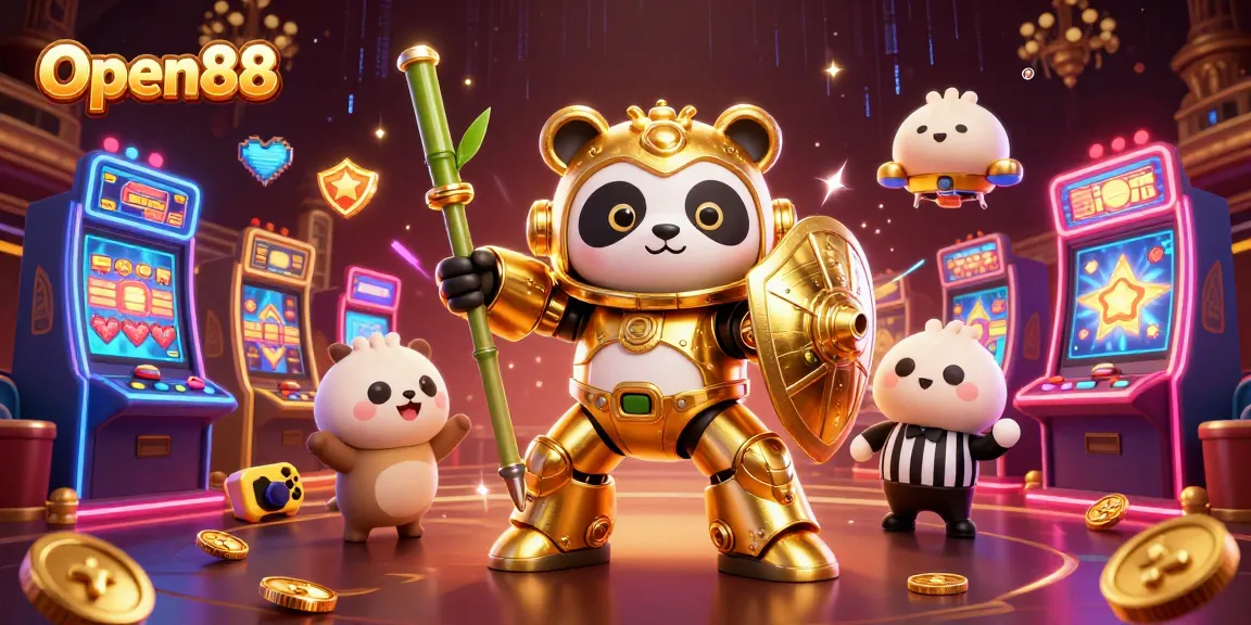 Open88 showcases exciting gaming action with a golden panda in a futuristic robot at a vibrant casino.