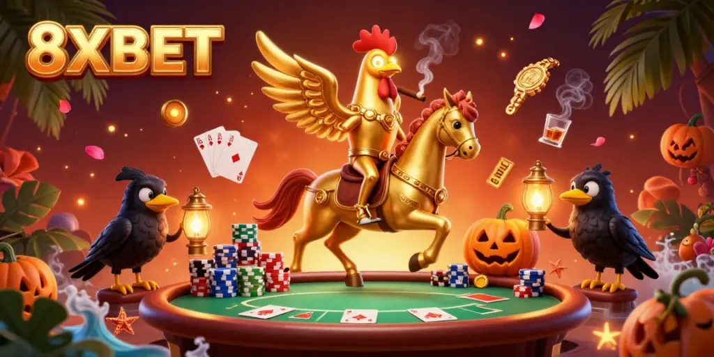 Engage with the dynamic casino scene featuring the 8XBET golden rooster character in action, showcasing high-stakes poker.
