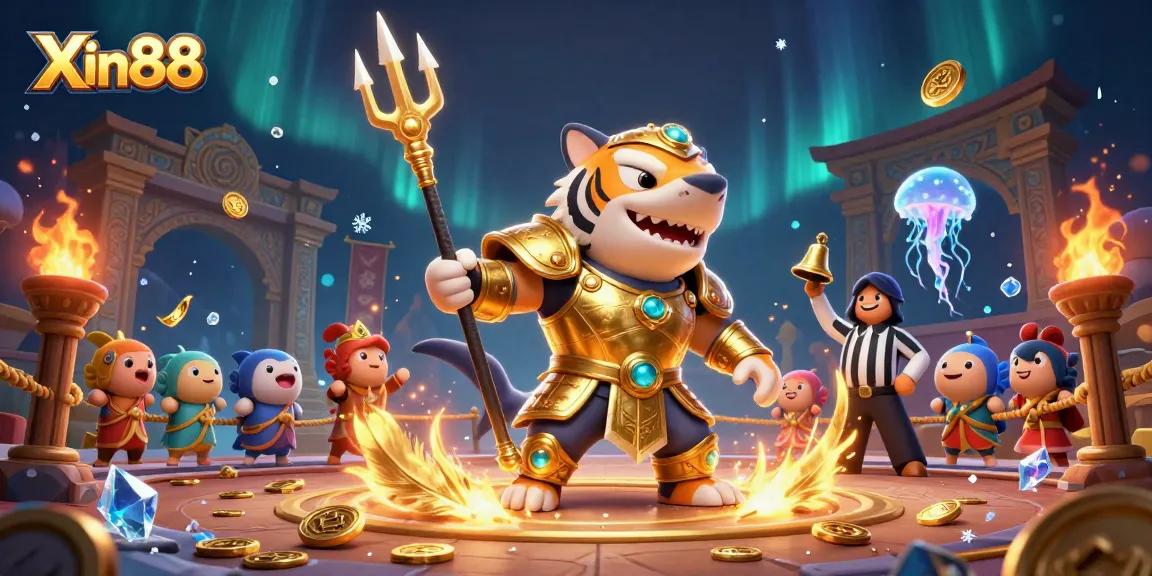 Xin88 showcases fierce tiger shark in a vibrant underwater casino battle scene.