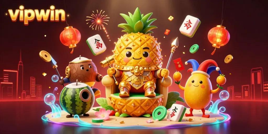 Experience the vibrant beach casino atmosphere with vipwin's golden pineapple king and tropical characters.