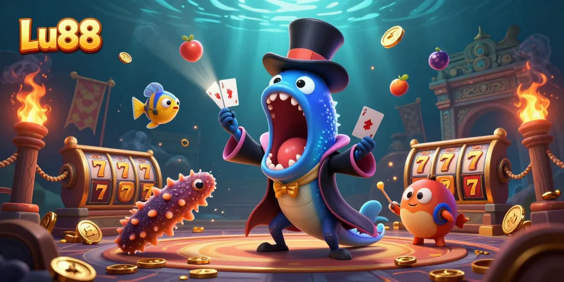 Lu88 card tricks performed by a deep-sea gulper eel amidst a vibrant underwater casino.